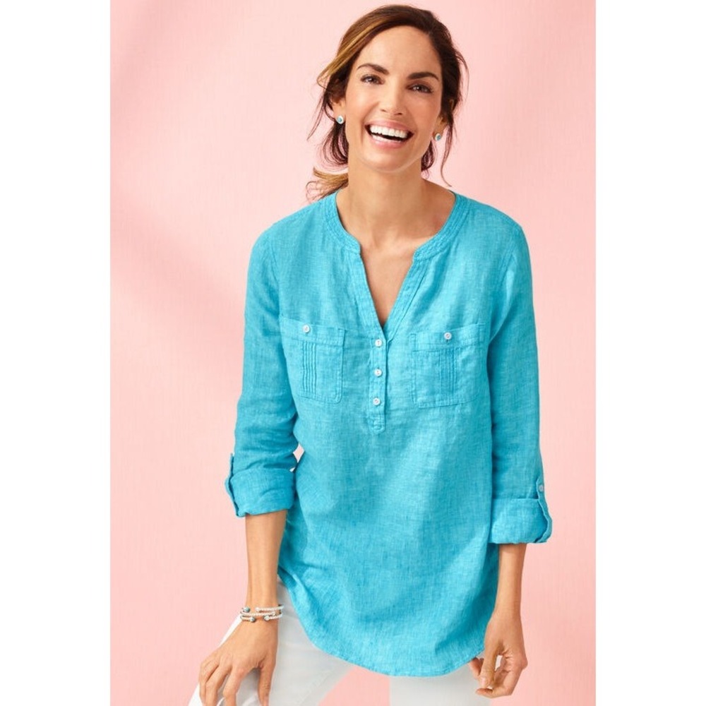 Talbots Linen Blouse Roll Tab Sleeve Button Front Blue Split Neck Size XL